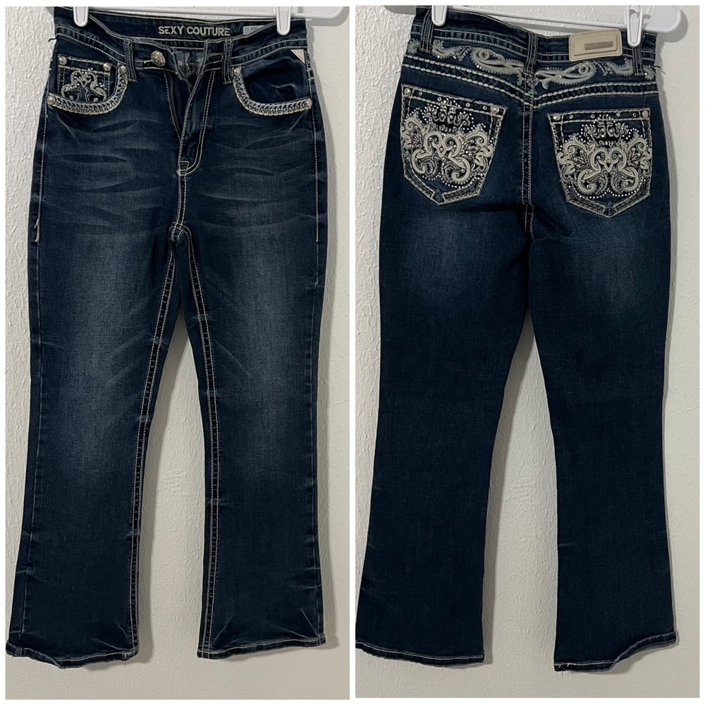 Sexy Couture Women’s Fit Boot Size 5 Jeans Embroidery Rhinestone Pockets EUC